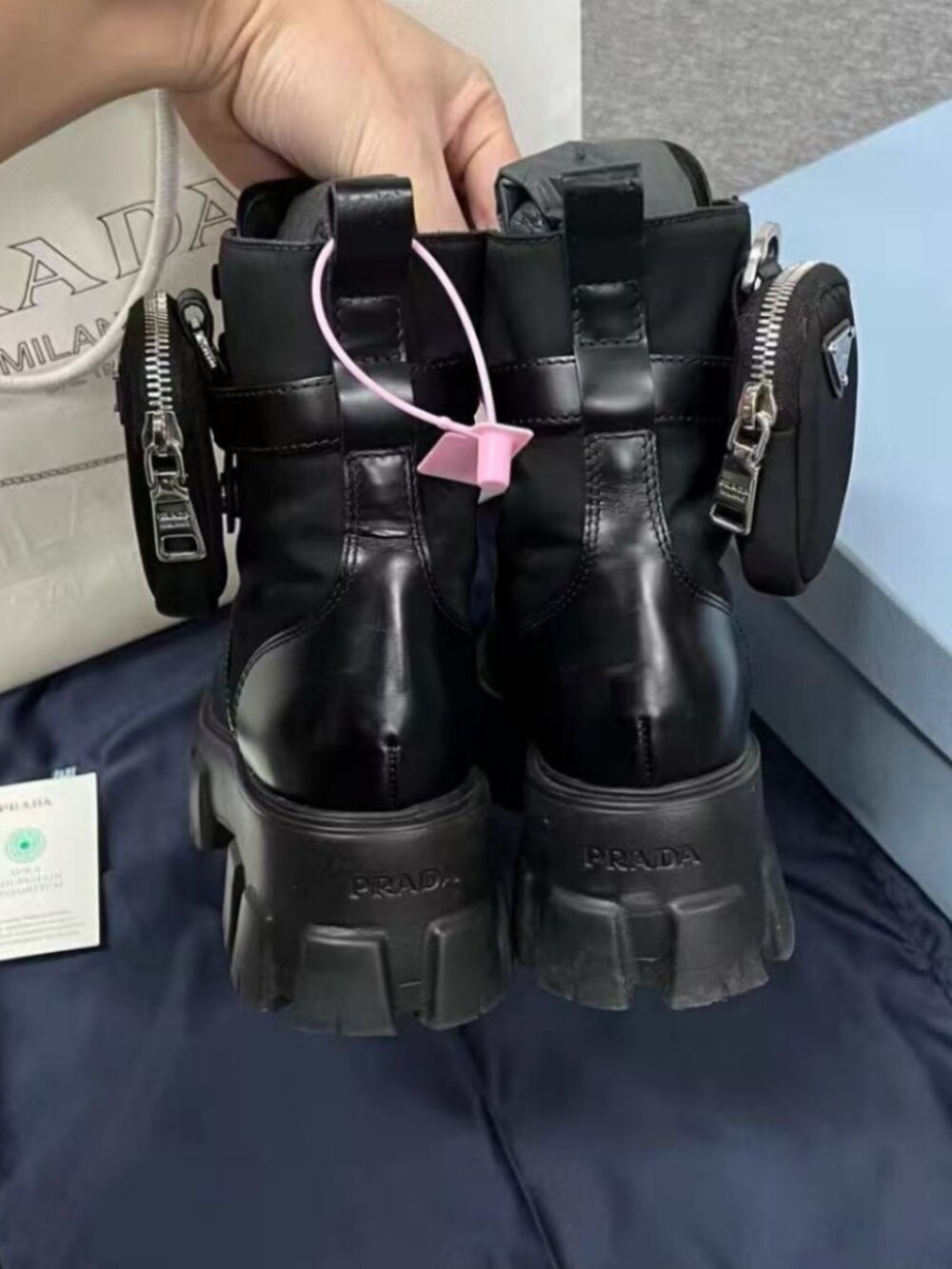 Prada Black Leather Removable Pocket Chunky Platform Boots - Picture 4 of 5